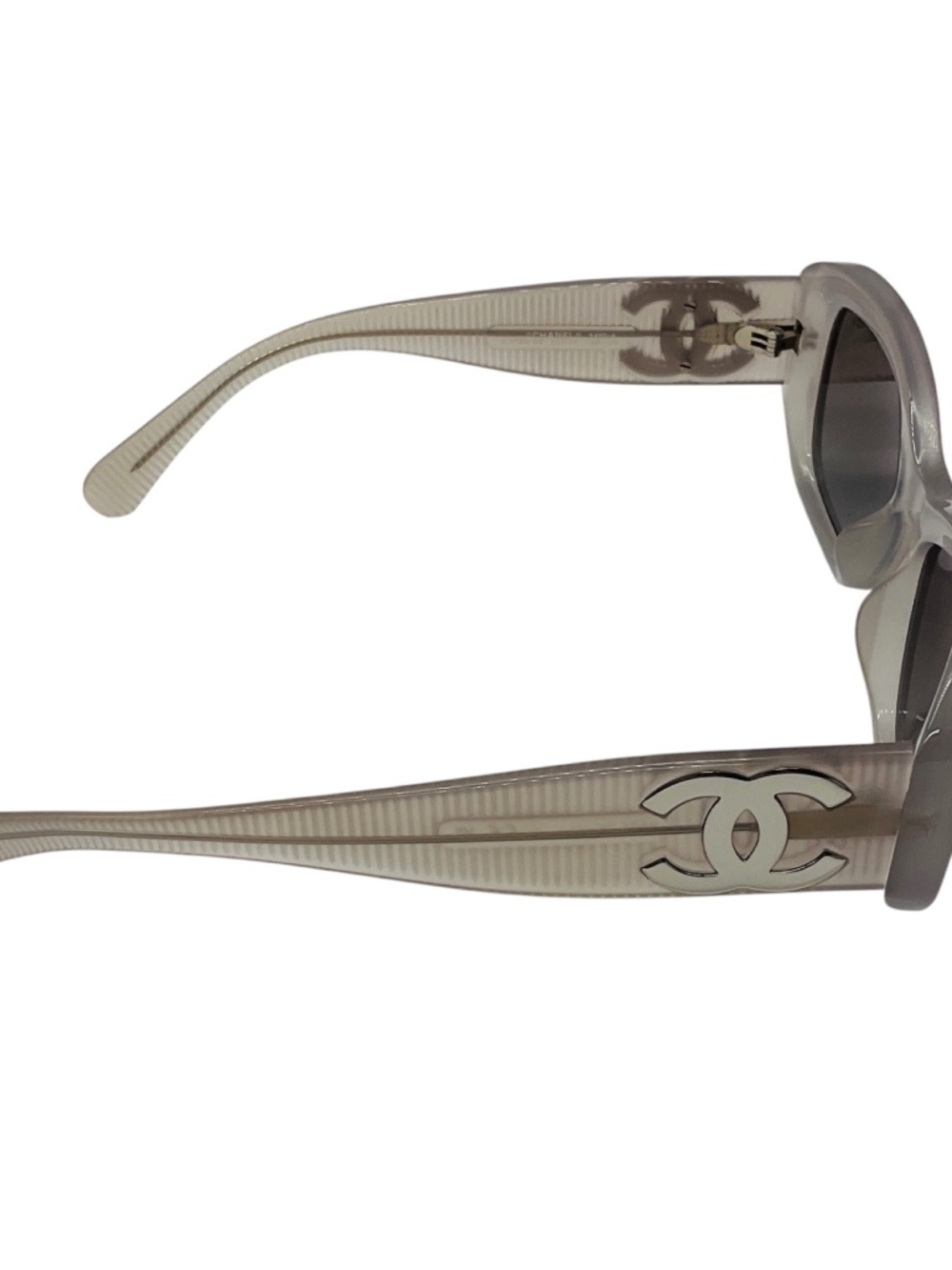 CHANEL MILKY GREY / SILVER CC LOGO FROSTED RECTANGULAR ACETATE SUNGLASSES - Picture 3 of 9